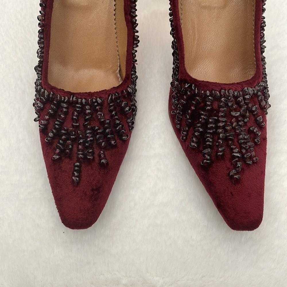 Gucci Tom Ford Era 1990s crushed velvet garnet stone maroon pumps size 9 Y2K - Picture 4 of 15